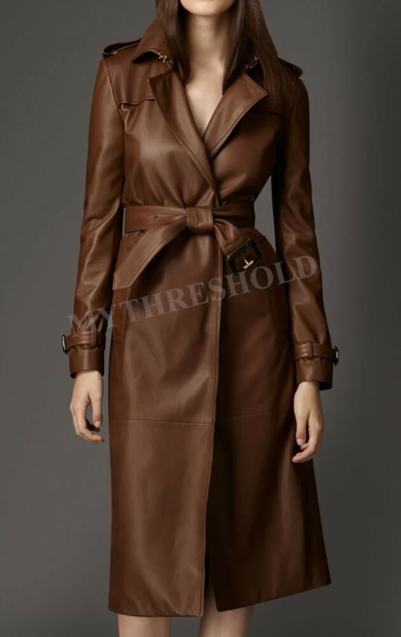 Women Brown Genuine Real Leather Trench Coat Genuine Leather
