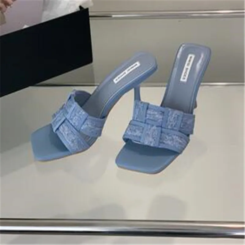 Weave Design Women Slippers Open Toe Summer Dress Shoes Thin High Heels Slides Slippers Party Pumps Wedding Black White 35-39