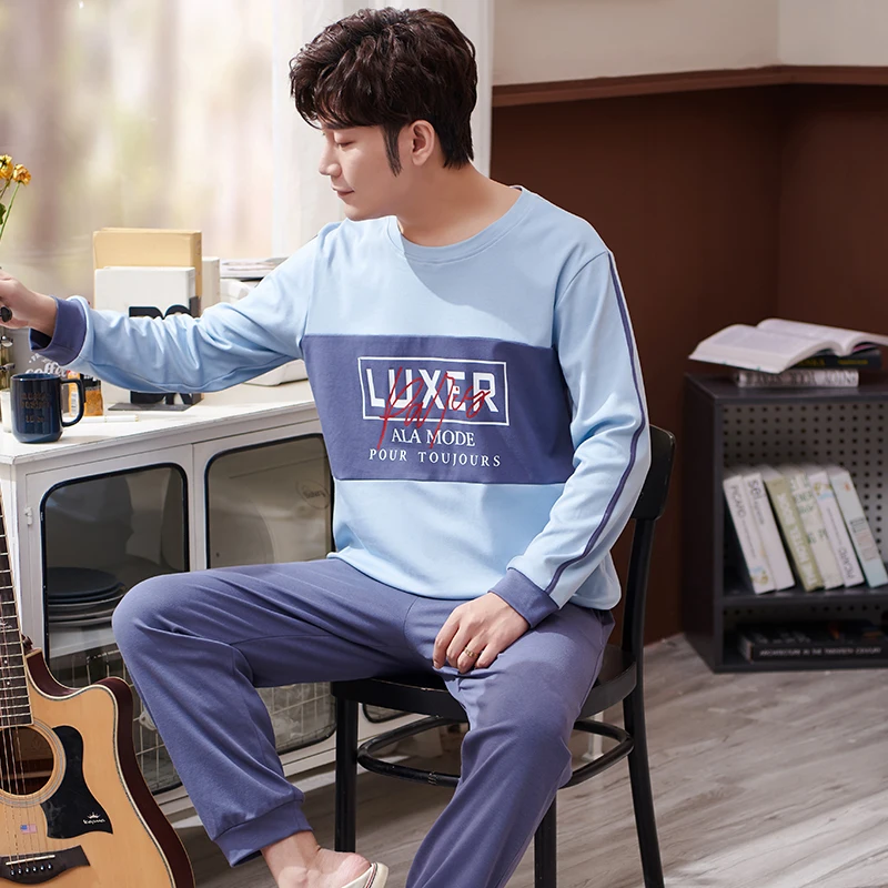 QUHENG Autumn New Youth Pure Cotton Round Neck Long-sleeved Trousers Suit Men's Alphabet Simple Pajamas 2-pieces  Home Clothes