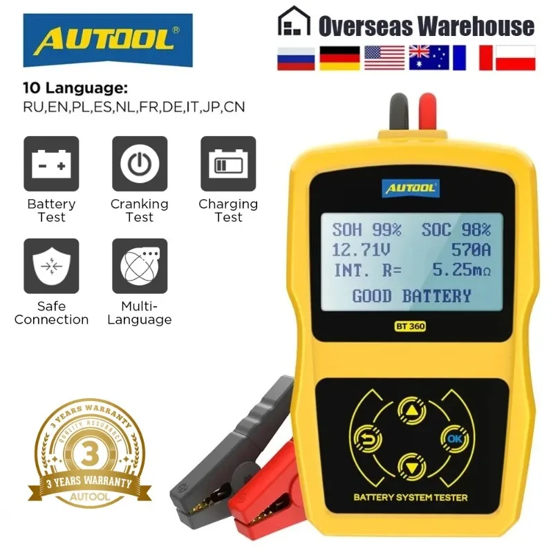 

AUTOOL BT360 12V Car Battery Tester Digital Automotive Diagnostic Battery Tester Analyzer Vehicle Cranking Charging Scanner Tool