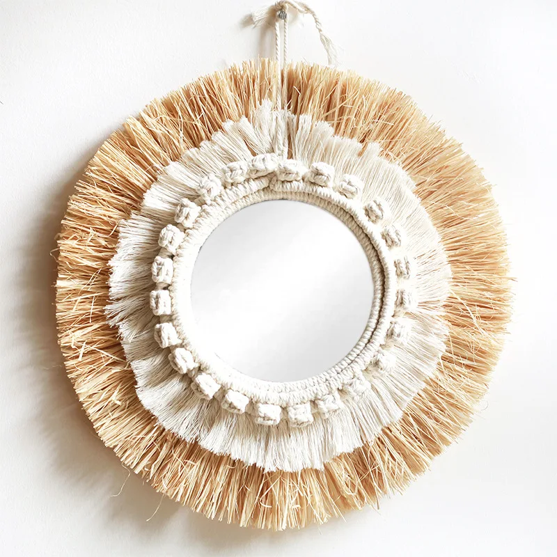 

Nordic Wall Hanging Mirror Home Decoration Children's Room Decoration Pendant Raffia Woven Handmade Mirror Hanging Wall Decor