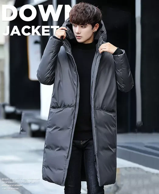 New2022 New Men's Long Down jacket Coat Hooded Overcoat Male Solid Color Black Long Down jacket Parkas Winter Warm Outerwear