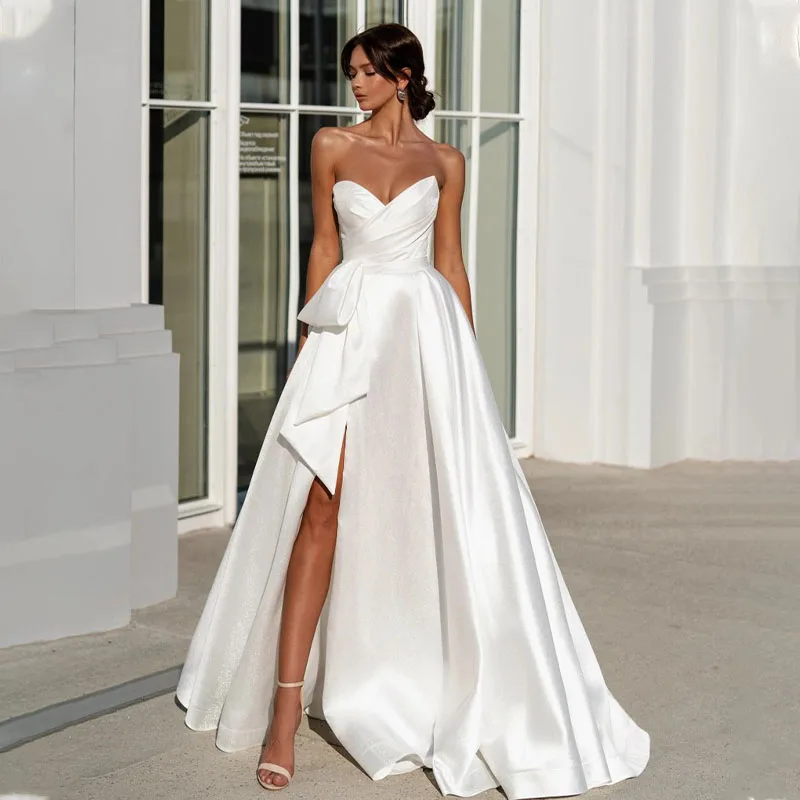 

Popular V-neck Pleat A Line Wedding Dresses Big Bow Side Slit Floor Length Vestido de Noiva Bridal Gowns