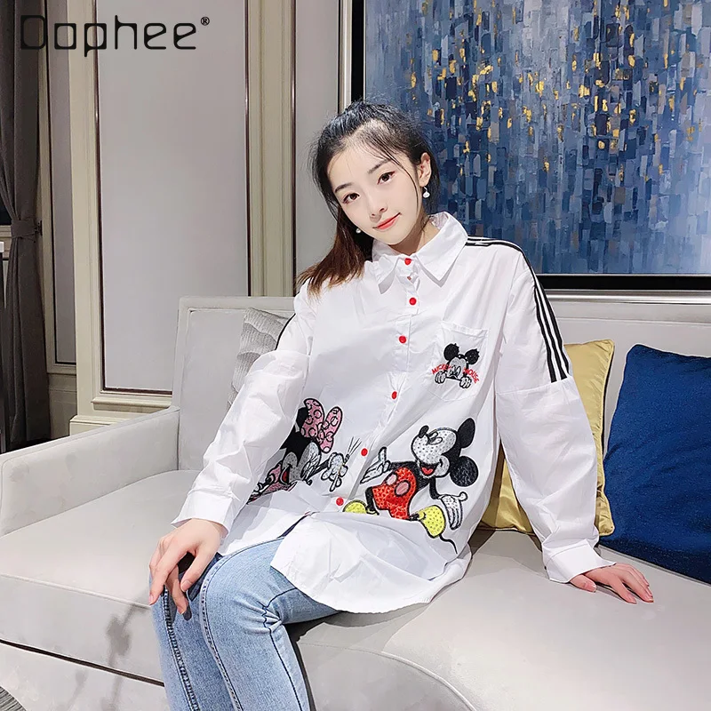 

Loose Mid-Length Female Student White Shirt Cartoon Embroidered Rhinestone Women's Blouses Spring Autumn Long Sleeve Shirt Dress