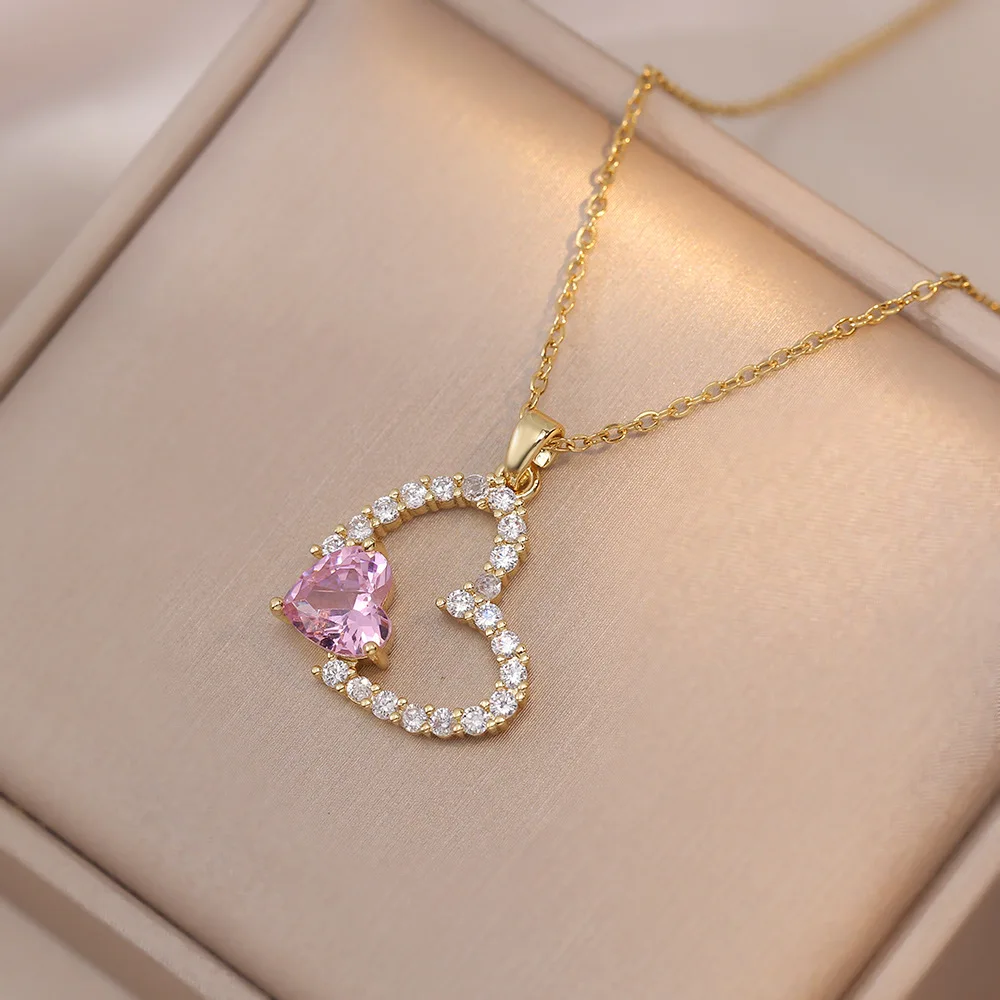 Женская подвеска из нержавеющей стали с розовым Цирконом