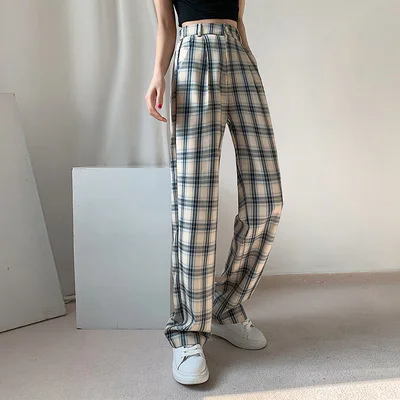 2022 New Women's Plaid Pants Ladies Causal Oversize Wide Leg Trousers High  Waist Button Female Fashion Straight Long Pants | Женская одежда |  АлиЭкспресс