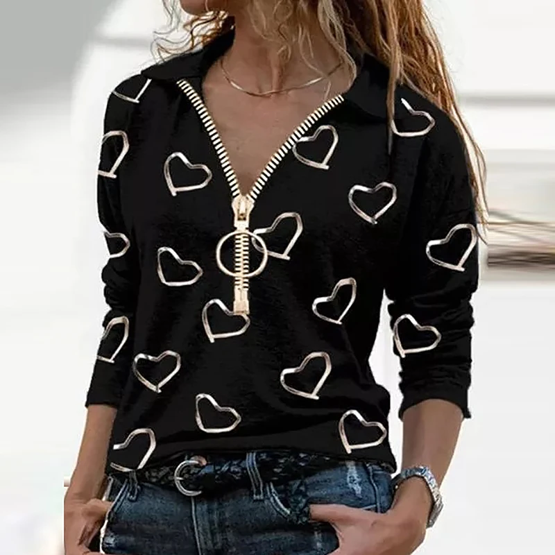 

Printing Zipper 5 Colors Elegant All-match Streetwear S-XXXL Women's Casual Loose Lapel Long Sleeve Pullover Tops with Pattern
