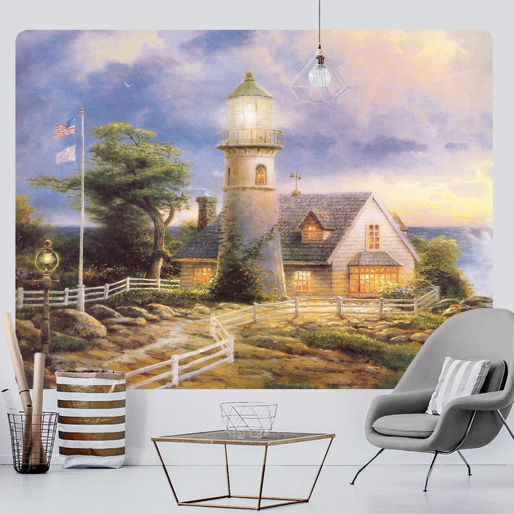 

Nordic Fairy Tale Forest Oil Painting Home Decoration Tapestry Lighthouse Bohemian Psychedelic Scene Bedroom Wall Hanging Cloth
