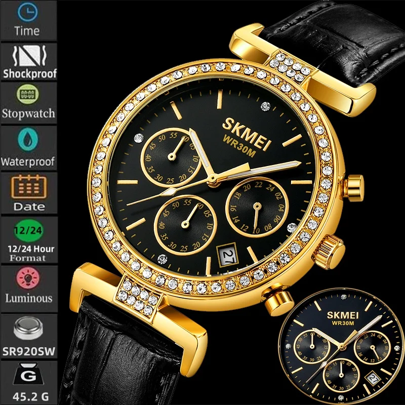 Skmei Роскошные кварцевые часы для женщин с кожаным ремешком и стразами на
