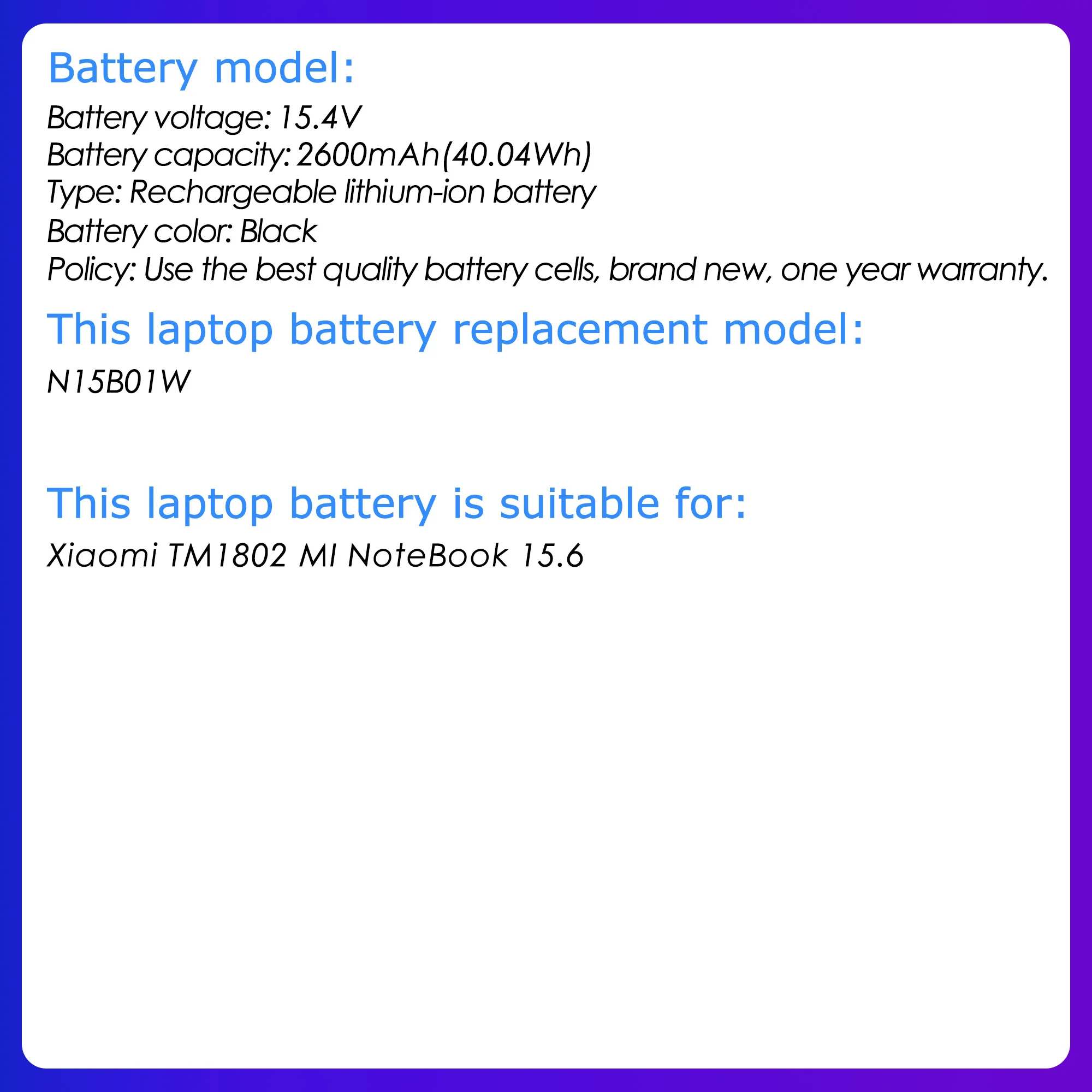 Фото N15B01W Оригинальный OEM аккумулятор для Xiaomi Ruby 15,6 дюймов NOTEBOOK Ti/TM1703/TM1802 аккумулятор для ноутбука 15,4 В 40,04 Втч Бесплатные инструменты №4