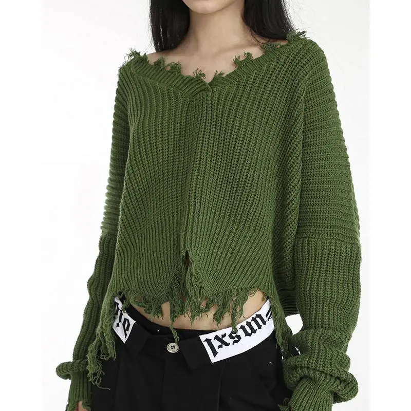 

Hikigawa Casual Holes Loose Women Sweaters V Neck Long Sleeve Grunge Pullovers Sweet All Match Short Length Jumpers Women