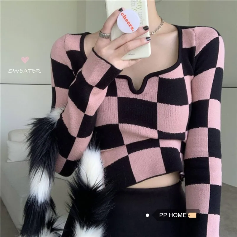 Fashion Contrast Cropped Pink Checkerboard Knitted Sweater Women Pull Femme Slim Fit Full Square Autumn Knitwear Top Plaid Shirt