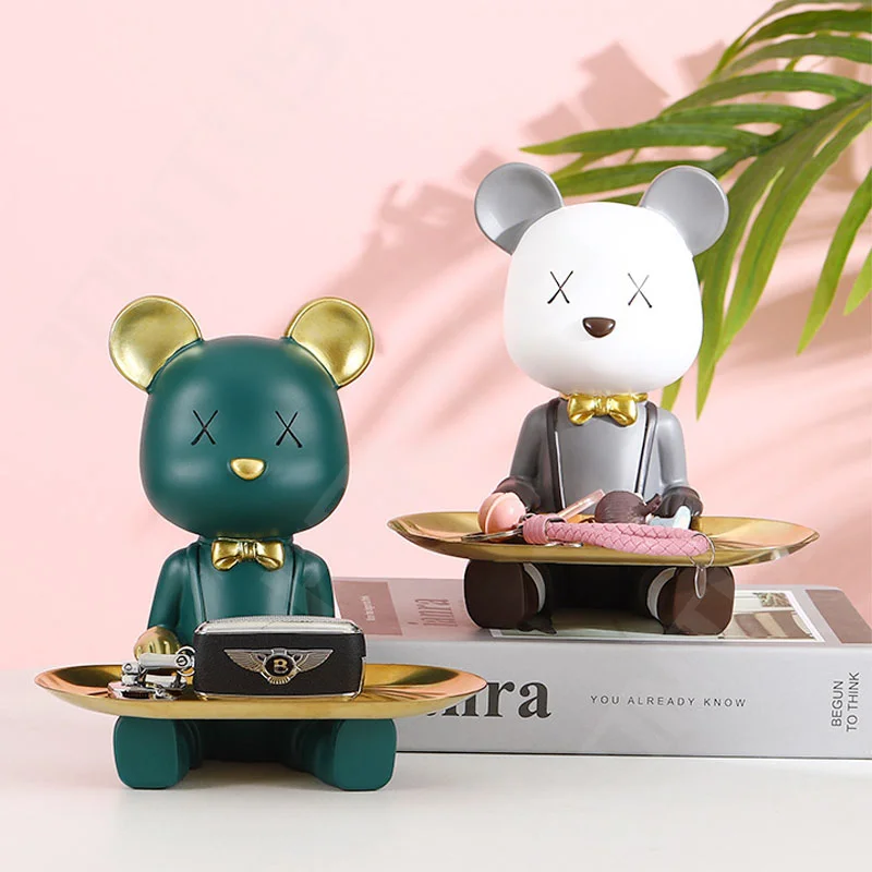 

Cute Bear Tray Figurines Resin Ornaments Sculpture Key Storage Decor Ornament Candy Container Animal Multifunction Statues Gifts