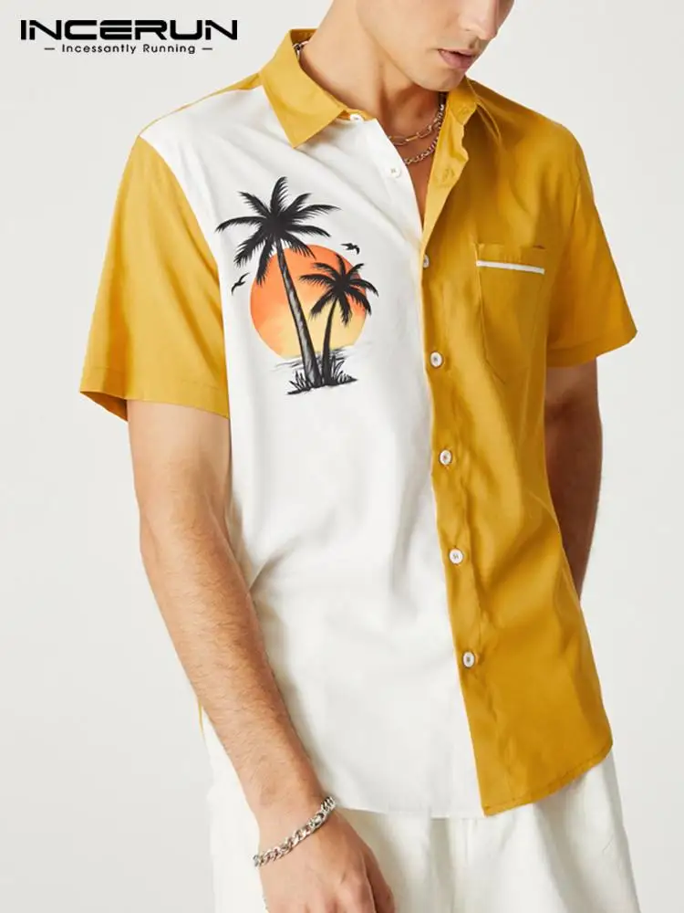 

INCERUN Men Print Patchwork Shirt Lapel Short Sleeve Streetwear Summer 2022 Casual Hawaiian Shirts Men Vacation Camisas S-5XL