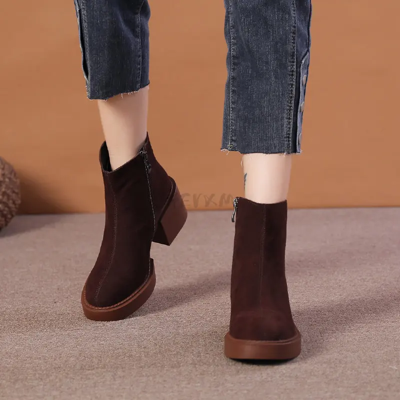 2023 Thick Heels Women Ankle Boots Mature Concise Cow Suede Leather Shoes Woman Autumn Winter Office Ladies Casual Classic