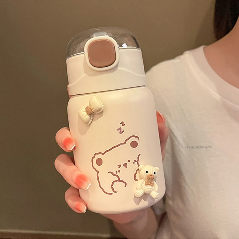 

350/450ml Kawaii Bear Thermos Bottle For Hot Cold Water Stainless Steel Portable Coffee Tea Tumbler With Straw Drinking Bottle