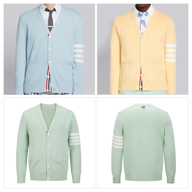TB THOM Sweater Male Autumn Winter Luxury Brand Men's Clothing Cotton 4-Bar Stripe V-Neck Cardigan Tops Harajuku Sweaters