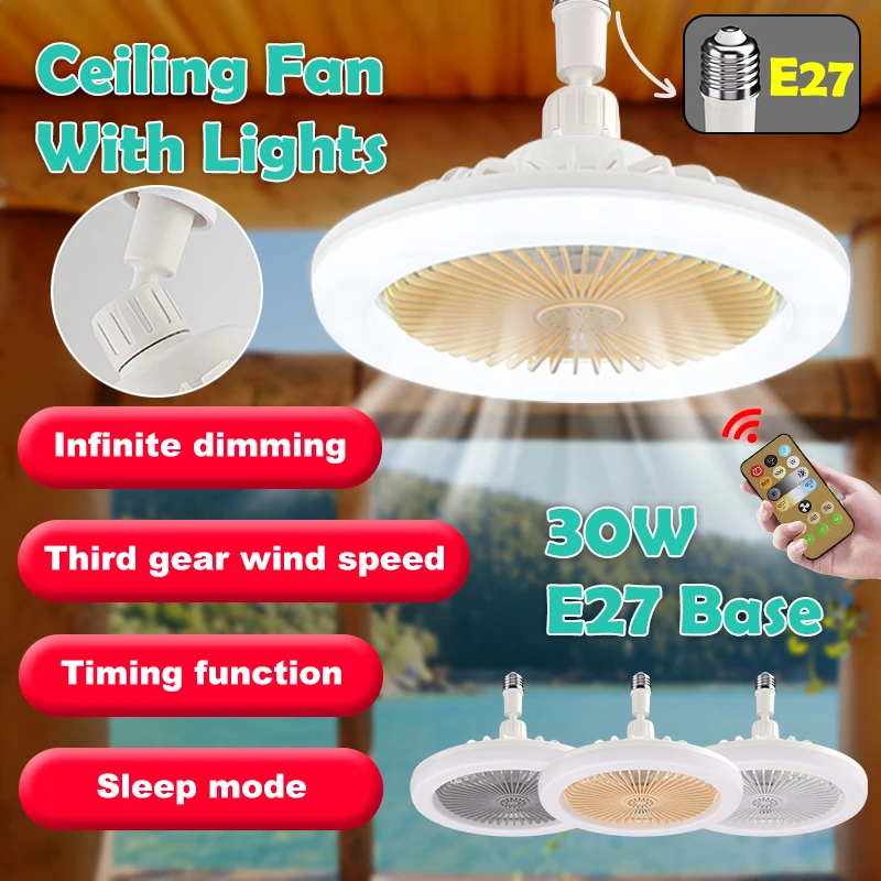 

30w Ceiling Fan Light With Remote Control E27 Converter Base Infinite Dimming Third Gear Wind Speed Timing Function Sleep Mode