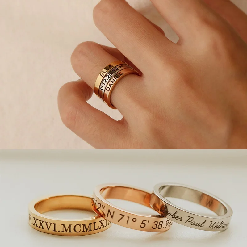 4mm Engraved Stamped Ring for Women, Stainless Steel Customized Coordinate Initial Name Ring Unique Gift