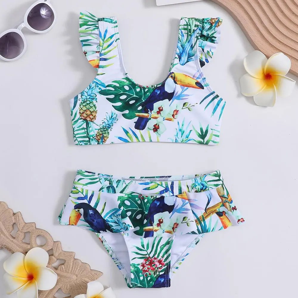 

Tropical Print Girls Swimsuit Kids Toddler Girl Bikini Set Ruffle Trim Two Piece Children's Swimwear 2-8 Years Bathing Suit 2023