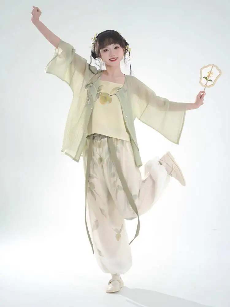 Фото Новое женское платье Hanfu Song System с рукавами, короткое платье, плиссированная юбка, брюки-фонарики, повседневные подтяжки №4