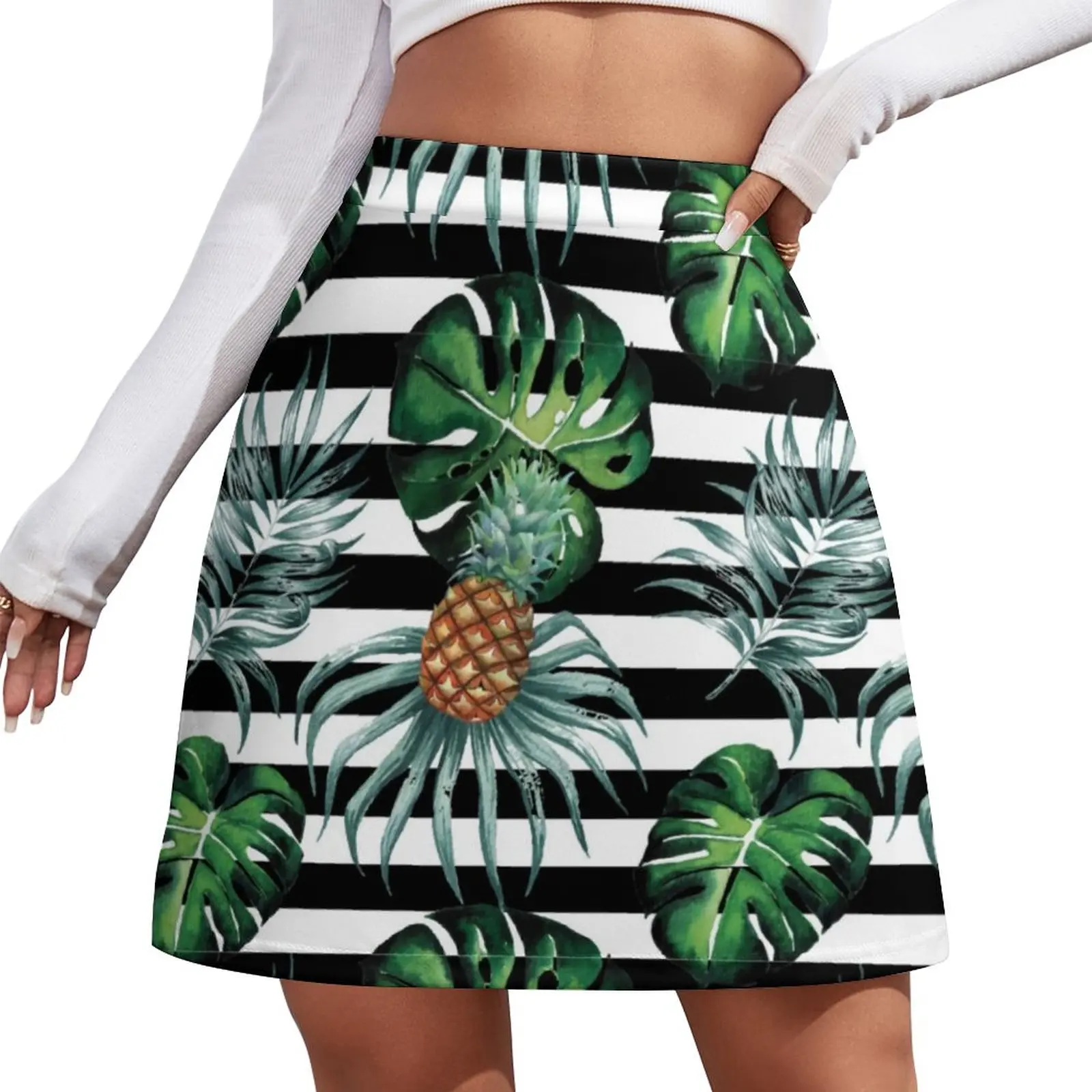

Tropical Pineapple Skirt Black Stripes Print Cute Mini Skirts Summer High Waist Custom Harajuku Casual Skirt Big Size 3XL 4XL
