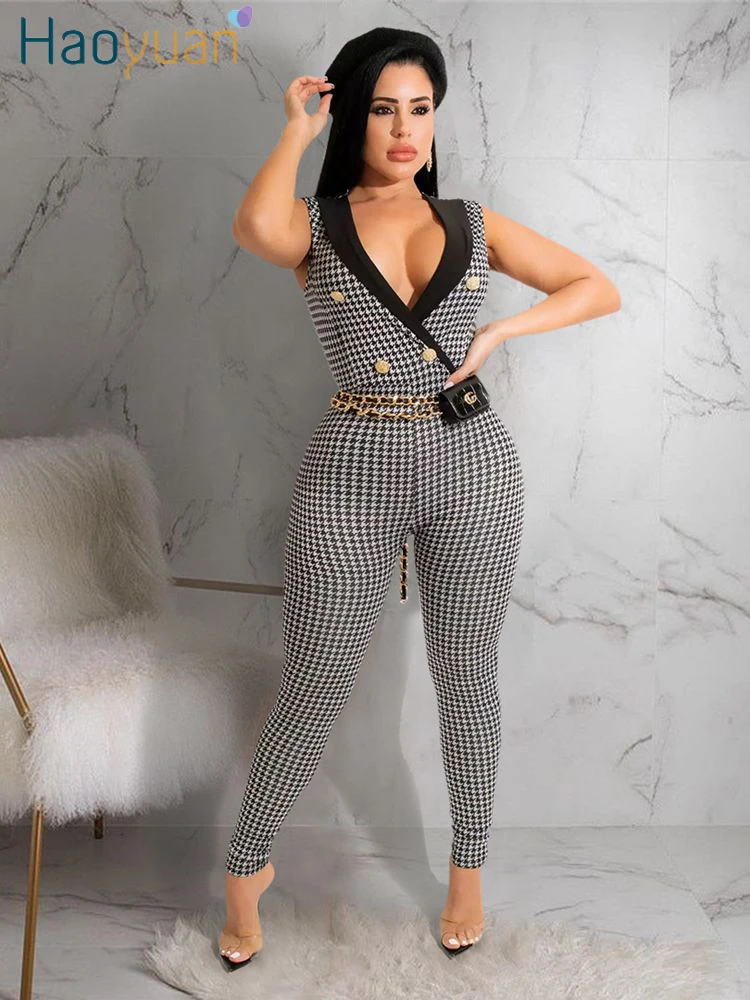 

ZOOEFFBB Houndstooth Print Bodycon Rompers Womens Jumpsuit 2022 Summer Clothes Elegant Sexy Clubwear Birthday One Piece Outfits