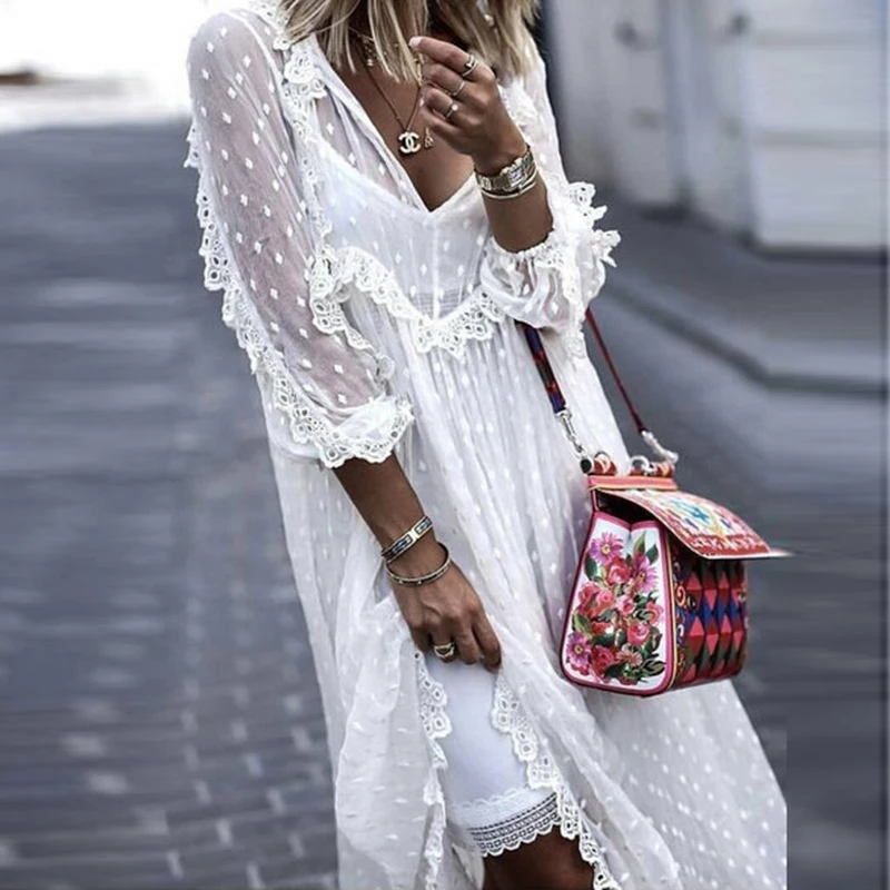 

Summer ruffle polka dot jacquard cover-ups+slip dress 2023 Women Tunic beach outfits for women White Green Yellow Pink Pareo