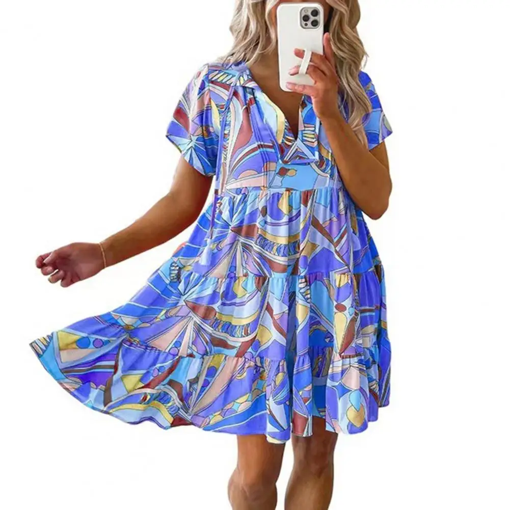 

Summer Dress Women 2023 Big Swing Printing Short Sleeve Loose Hem High Waist Pleated V Neck Mini Dress Female Clothes vestido