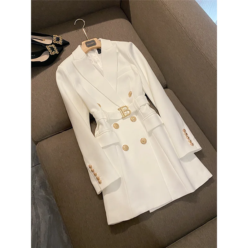 

French Suit Skirt Female Letter Metal Double Breasted Waist Slim Suit Jacket Dress 2022 Autumn And Winter Solid Color Dress