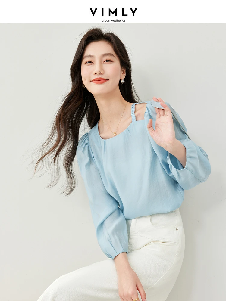 Vimly o-образный вырез Lyocell тонкая шифоновая рубашка крючок цветок полый
