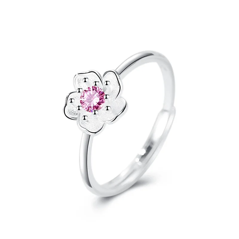 

Adjustable White Cherry Blossom Ring 925 Sterling Silver Cute Flower Jewelry with Round Purple Pink Cubic Zirconia for Women