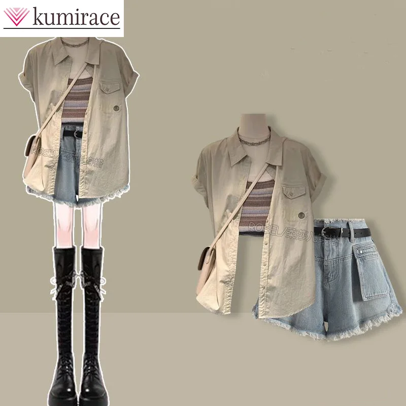 Ленивый трикотажный топ рубашка с коротким рукавом джинсовые шорты комплект из