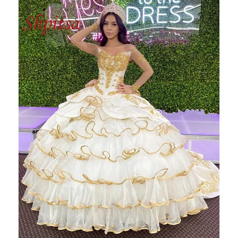 Белое и Золотое кружевное платье Quinceanera бальное пышное женское длинное для
