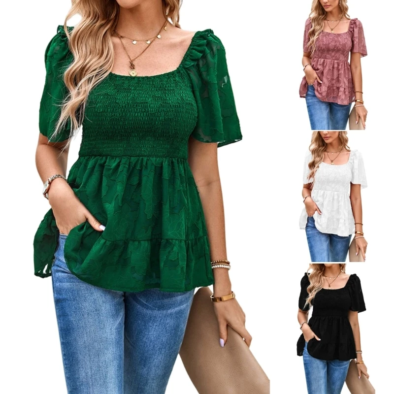 

Floral Textured Blouses for Women Ruffle Short Sleeve Tunic Shirts Square Neck Ruffled Hem Shirred Smocked Peplum Top