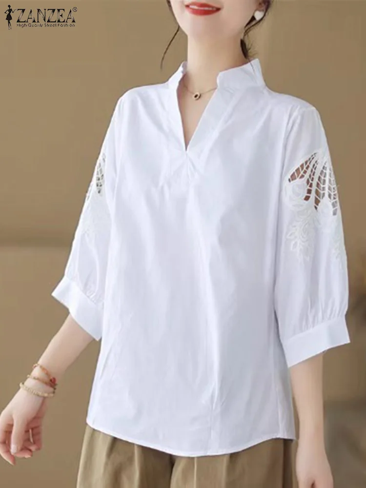 Блузка ZANZEA Женская Повседневная свободного покроя модная ажурная Однотонная