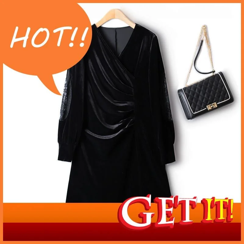 

Female Light Luxury Party Dress Retro Gold Velvet Waist Pinch Pleated V-neck 2023 Autumn Winter New Elegant Dresses For Women