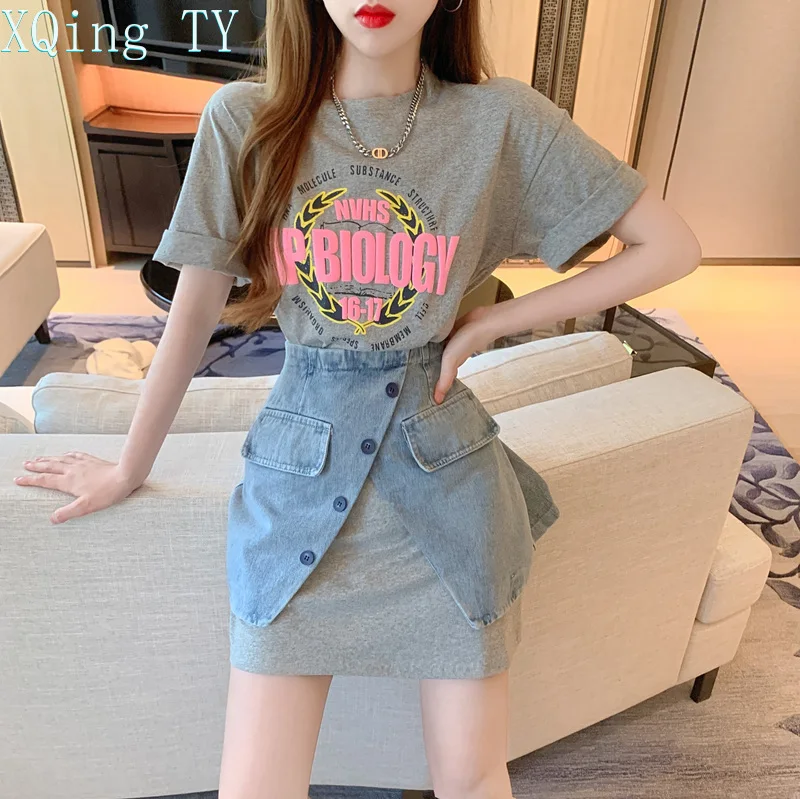 

Summer New Casual Loose Short Sleeve Printed Letter T-shirt Long Dress High Waist Breasted Short Skirt Suits Women Two Piece Set