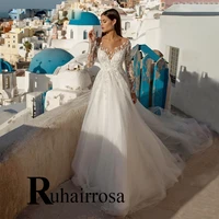 ruhair elegant wedding dresses gorgeous button scoop flower sexy appliques long sleeve illusion custom made vestidos de novia