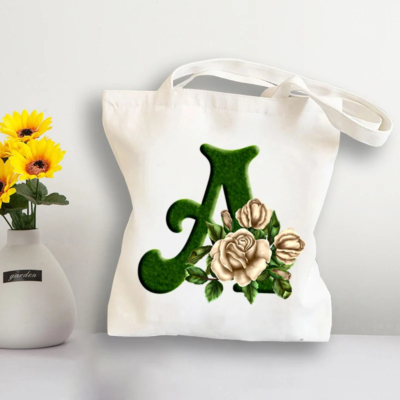 

Rose Green Alphabet Women Canvas Foldable Shopping Bag Female Handbags Cartoon Letters Shoulder Tote Shopper Bag Bolsa Feminina