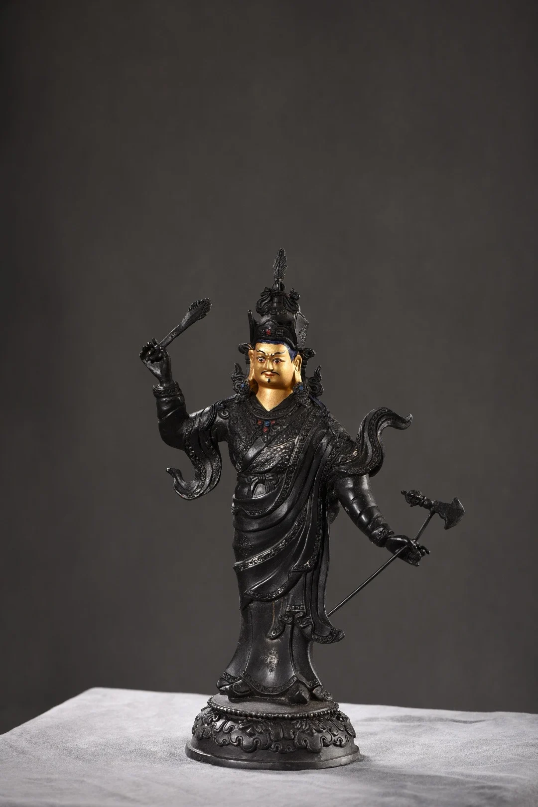 

12"Tibet Temple Collection Old Bronze Cinnabar Mud gold Face painting Guru Padmasambhava Buddha Worship Hall Town house