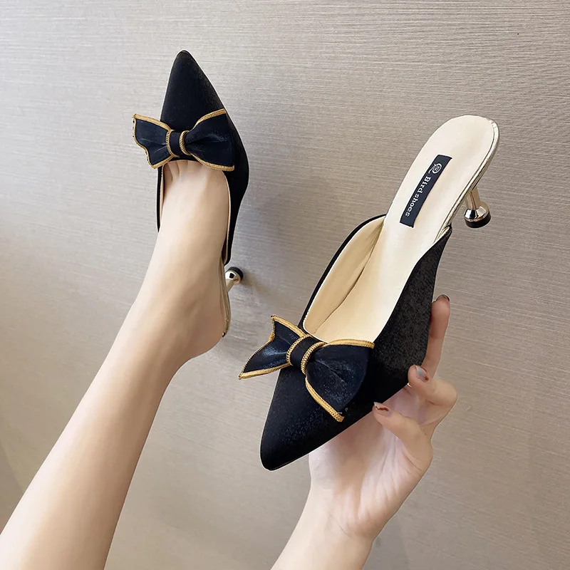 

Fairy slippers 2021 new net celebrity fashion pointed stiletto gentle evening breeze bowknot sandals and slippers women 34-40