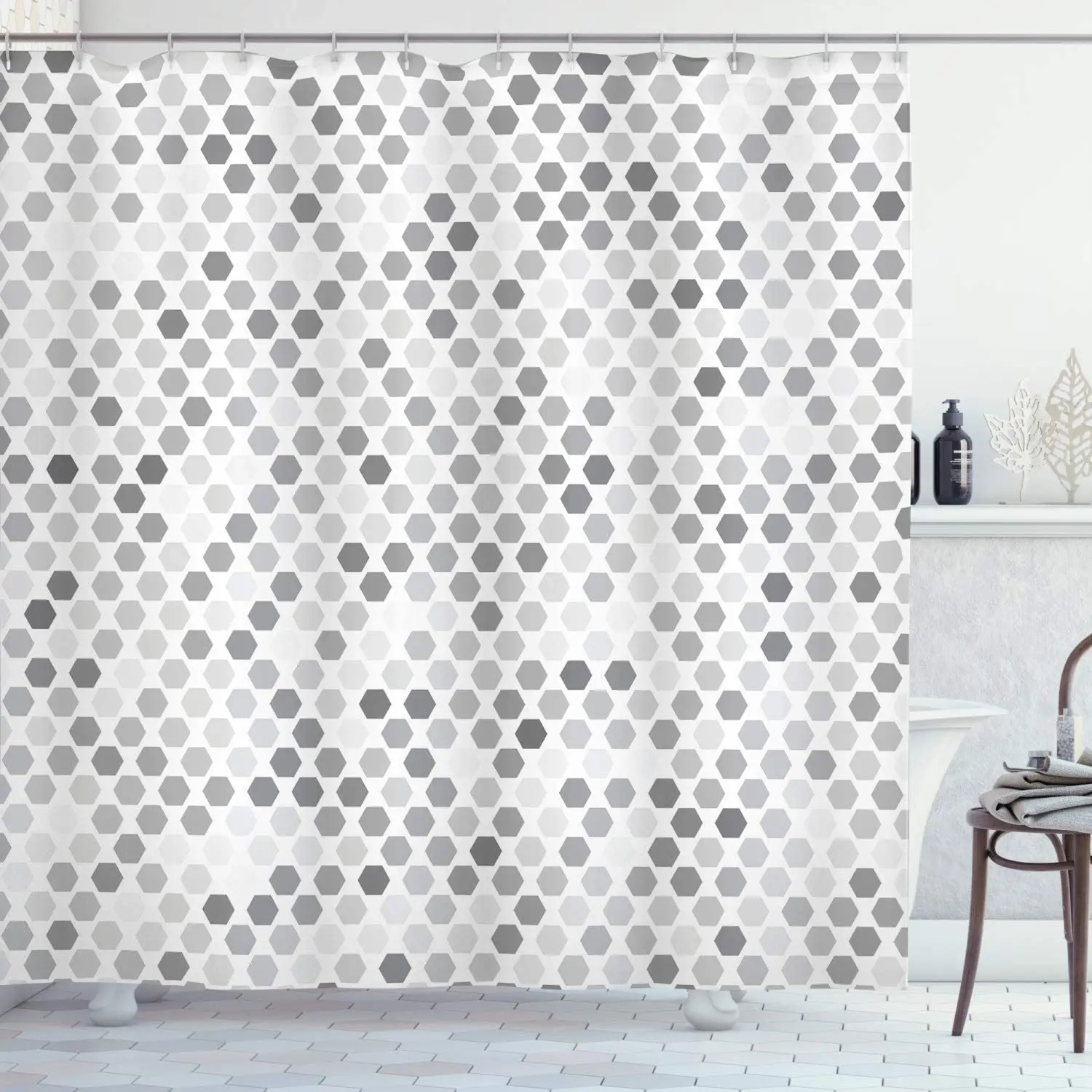 

Grey Shower Curtain, Abstract Zig Zag and Hexagon Pattern Inpired by Geometric Dark Color Hue Toned of Intensity Blush Art Print