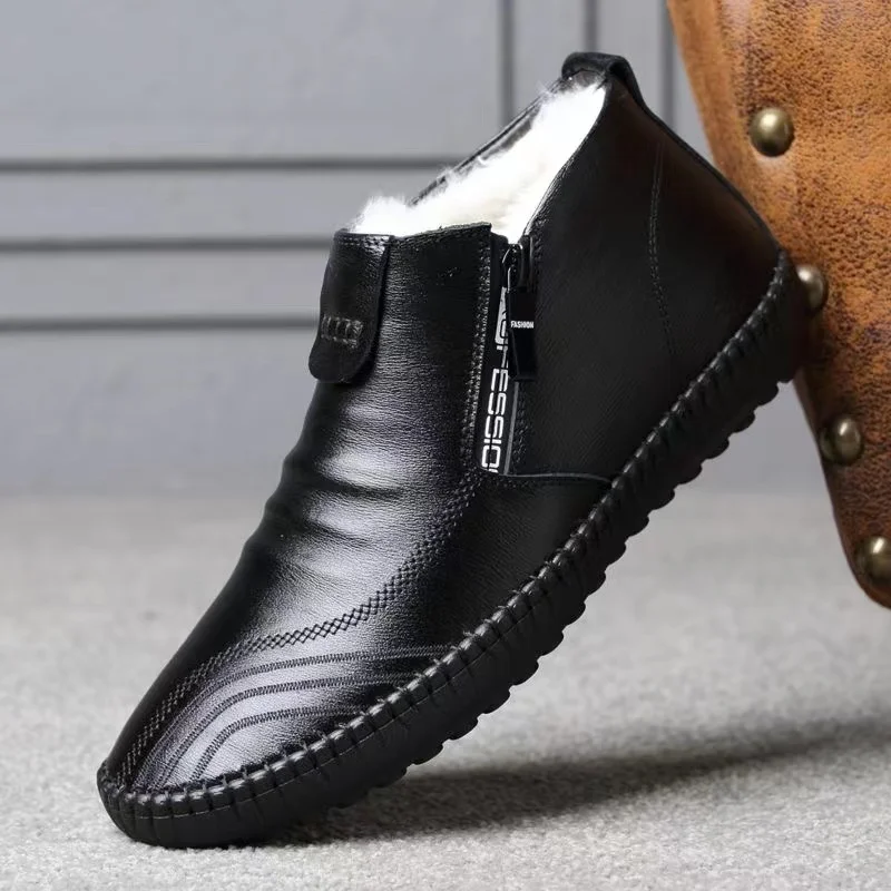 

Oraqwlj Men's Fur Boots men leather shoes genuine Winter Soft Bottom Anti-Slip Luxury brand Fashion Ankle Botas Warm plush Shoes