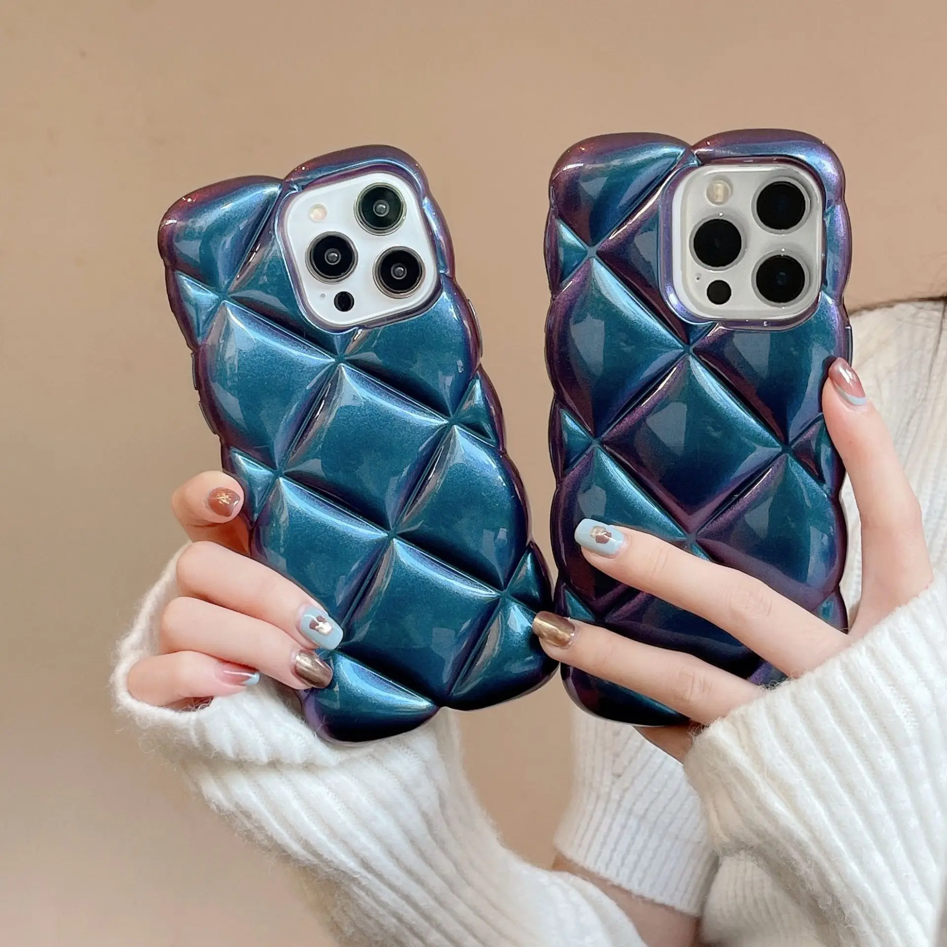 

Luxury Electroplated Phone Case For Iphone 13 12 11 Pro Max 14 Plus Glossy Plated Rhombic Lattice Shockproof Soft Purple Cover