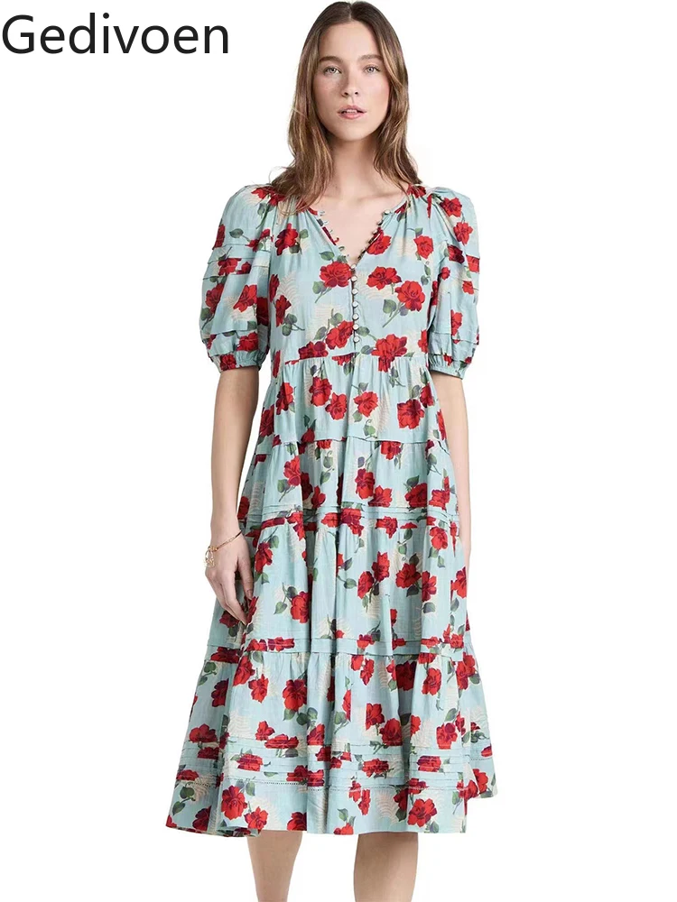 

Женское модельное платье-миди Gedivoen, праздничное однобортное платье с рукавами-фонариками и оборками, летние платья с цветочным принтом