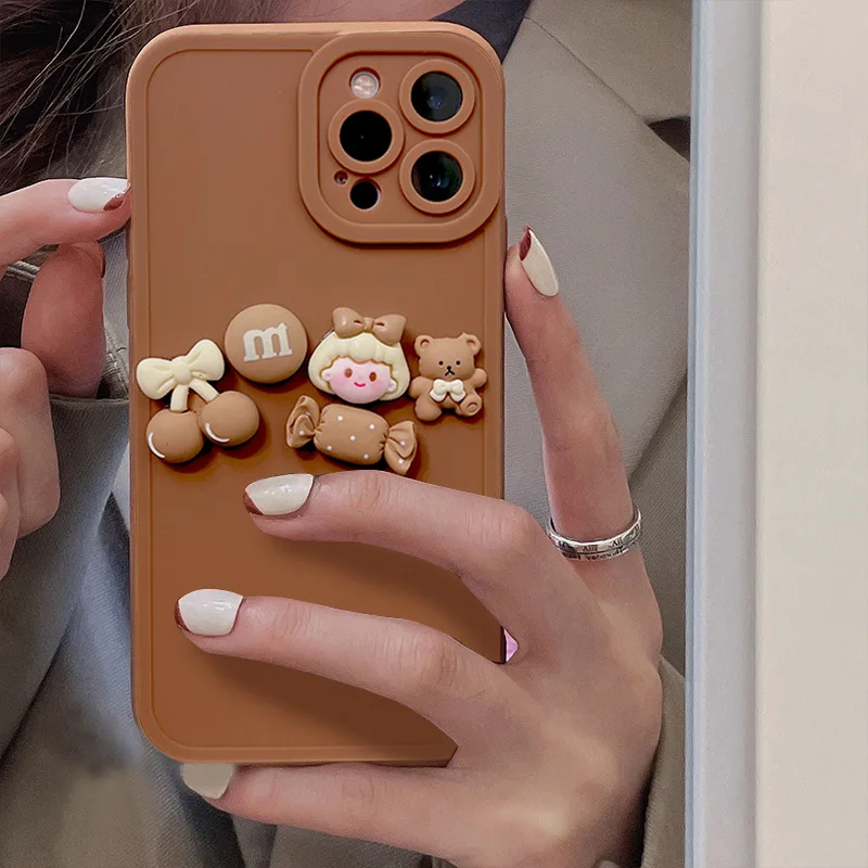 

3D Cute Cartoon Bear Girl Phone Case For iPhone 13 12 11 Pro Max Mini XR Xs 7 8 PLUS SE Candy Lens Protection Shockproof Cover