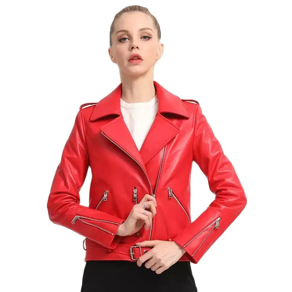New Women Genuine Leather Moto Jacket Spring Autumn Casual Streetwear Style Turn-down Collar Sheepskin Coat Slim Short Outerwear