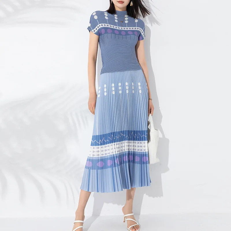 

Miyake Corn Pleated Print Suit Women's Short Sleeve Half Turtleneck Stretch Slimming T-shirt Elastic Waist Large Swing Skirt