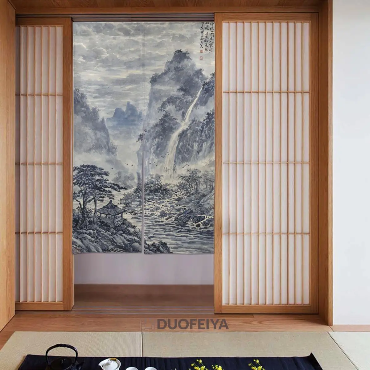 

Ink Chinese Painting Japanese Door Curtains Solitary Pavilion Blackout Curtains Cotton Linen Curtain Panels for Toilet Ornament